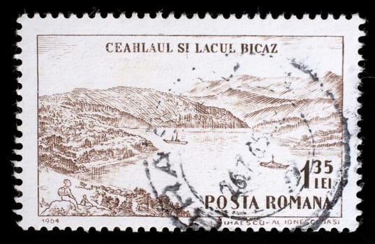 Stamp printed by Romania, shows Ceahlaul peak and Lake Bicaz, circa 1964