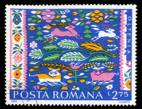 Stamp printed in Romania shows Romanian Peasant Rugs, Oltenia, circa 1975.