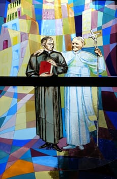 Pope John Paul II, stained glass window in St Paul's Cathedral in Tirana, Albania