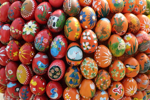 Easter eggs exposed in front of the parish church of St. Stephen in Wasseralfingen, Germany