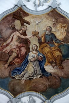 Coronation of the Virgin Mary, fresco on the ceiling of the Church of Our Lady of Sorrows in Rosenberg, Germany