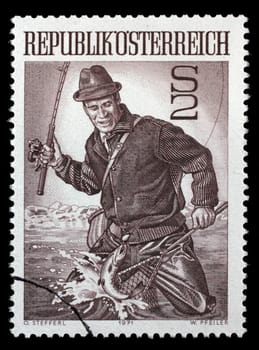 Stamp printed in the Austria shows Trout Fisherman, circa 1971