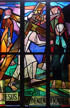 8th Stations of the Cross, Jesus meets the daughters of Jerusalem, stained glass window in Saint Lawrence church in Kleinostheim, Germany