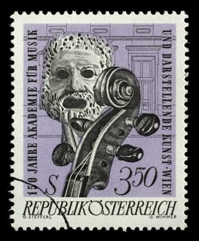 Stamp printed by Austria, shows Tragic Mask and Violin, circa 1967