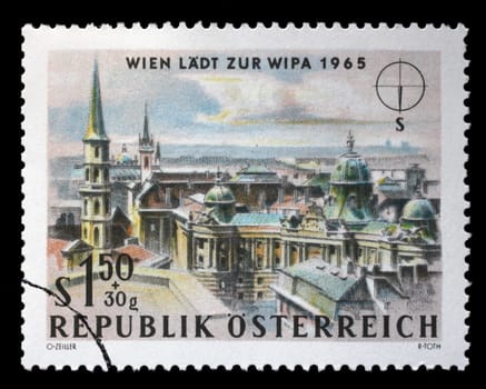 Stamp printed in Austria, is dedicated to the Vienna International Philatelic Exhibition, shows St. Michael's Church (Michaelerkirche) and Hofburg Palace, Vienna, circa 1964