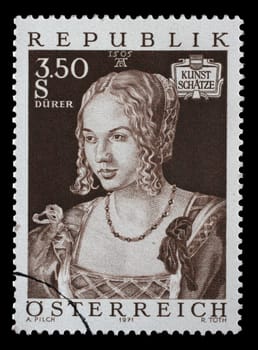 Stamp printed by Austria, shows Art Treasures in Austria, Venice Girl by Albrecht Durer, circa 1971
