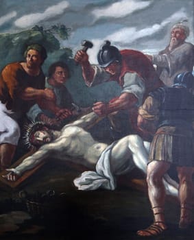 11th Stations of the Cross, Crucifixion: Jesus is nailed to the cross, Church of St. Agatha in Schmerlenbach, Germany