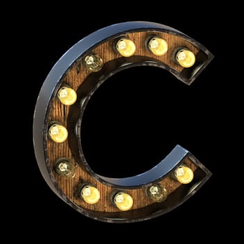 Light bulbs font Letter C 3D render illustration isolated on black background