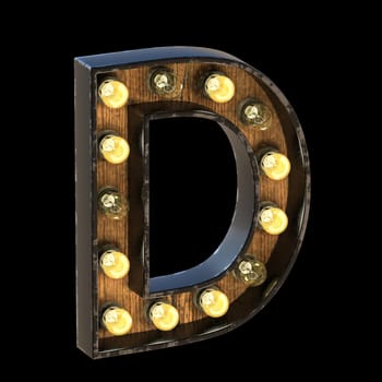 Light bulbs font Letter D 3D render illustration isolated on black background