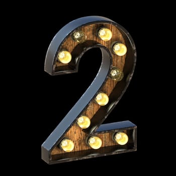 Light bulbs font Number 2 TWO 3D render illustration isolated on black background