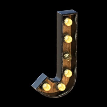 Light bulbs font Letter J 3D render illustration isolated on black background