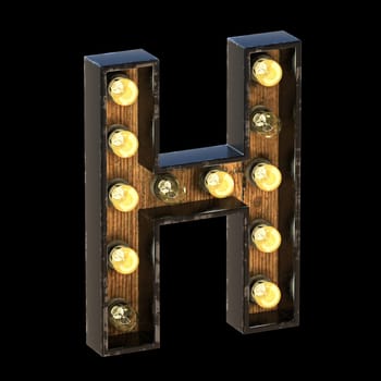 Light bulbs font Letter H 3D render illustration isolated on black background