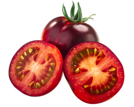 Indigo Rose heirloom tomato, ripe anthocyanin-rich fruit, isolated