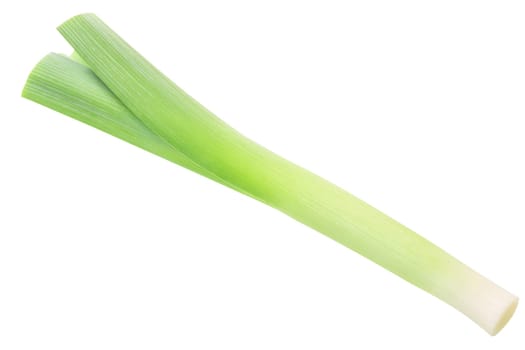 Leek, spring green onion stem isolated, top view