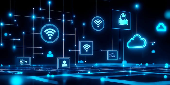 Data technology, neon circuits with dark background, technology signal. Communication concepts, global business, blockchain, internet security.AI generated