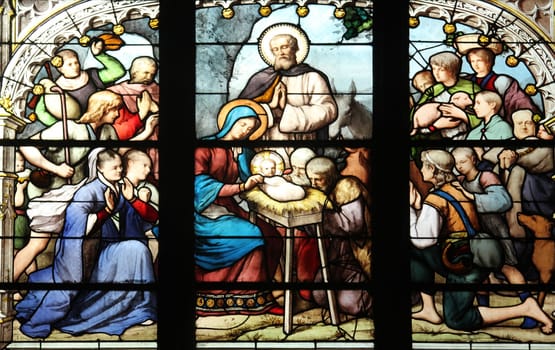 Nativity Scene, Adoration of the Shepherds, stained glass, Saint Severin church, Paris, France