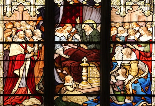 The death of Louis XIII in the presence of Saint-Vincent-de-Paul, Anne of Austria, the future Louis XIV and Cardinal Mazarin, stained glass, Saint Severin church, Paris, France