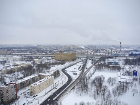 St. Petersburg, Russia, January 29, 2020.  skyline of the city of St. Petersburg in the snow in winter aerial view