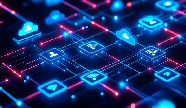 Connected devices and icons of wireless network.Data technology,. Communication concepts, global business, blockchain, internet security.Futuristic digital technology.