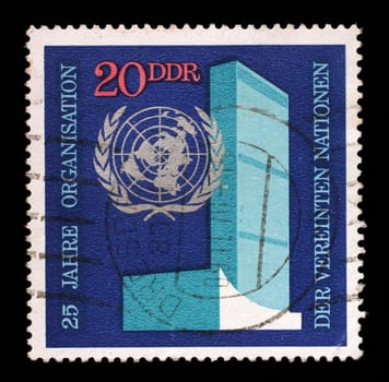 Stamp printed in GDR shows The 25th Anniversary of the United Nations, circa 1970.