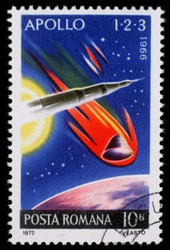 Stamp printed in the Romania shows Apollo 1, 2 and 3, Highlights of US Apollo Space Program, circa 1972