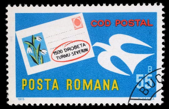 Stamp printed in Romania shows Postcard and pigeon, Introduction Postcode System, circa 1975.