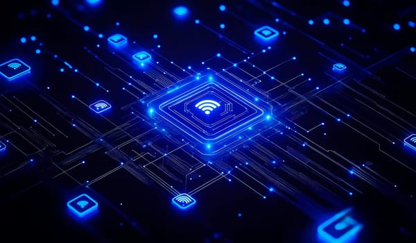 Connected devices and icons of wireless network.Data technology,. Communication concepts, global business, blockchain, internet security.