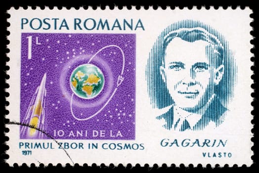 Stamp printed in Romania shows portrait of Yuri Gagarin with inscription and name of series "Scientific Anniversaries - 10 anniversary of first manned space flight"", circa 1971"