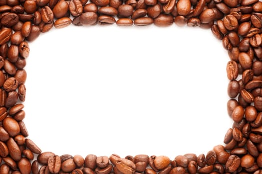 Roasted coffee beans frame a rectangular white surface with rounded corners.