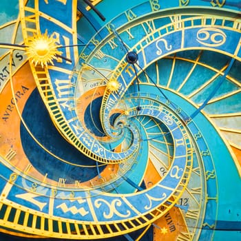 Droste effect background based on Prague astronimical clock. Abstract design for concepts related to astrology, fantasy, time and magic.