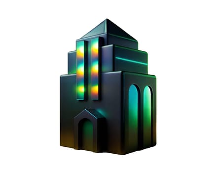 A modern iridescent green building icon with glowing accents, isolated on a white background, representing urban architecture, innovation, and technology.