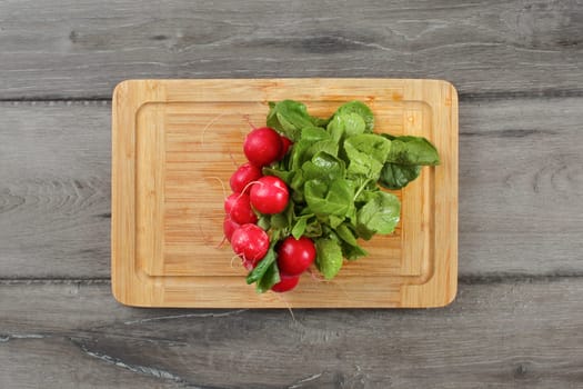 Table top view, bunch of fresh wet radish (Raphanus) with green leaves, drops of water, on cutting board placed on gray wood desk.