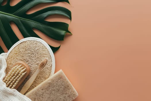 Natural bath accessories, set of natural bath accessories, eco-friendly products on beige background. High quality photo