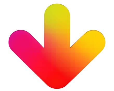 A colorful iridescent downward pointing arrow icon with a gradient effect, isolated on white. Ideal for navigation, pointing, and direction concepts.