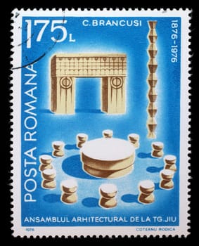 Stamp printed in Romania shows Architectural Assembly by Constantin Brancusi, circa 1976.