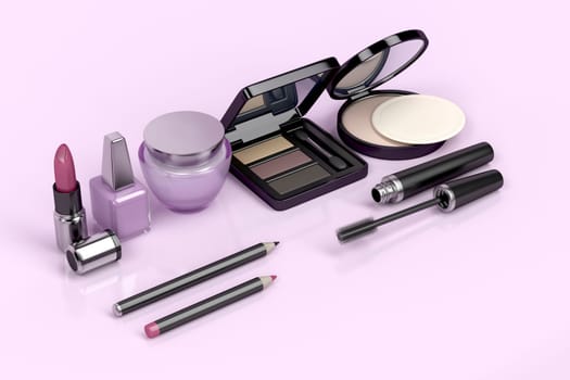 Makeup and cosmetic set on shiny pink background