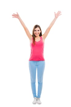 Beautiful woman with open arms isolated over a white background