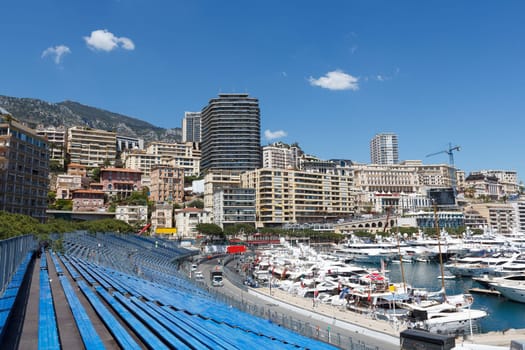 Monaco. Empty tribunes awaits the spectators before the Formula 1  Monaco GP