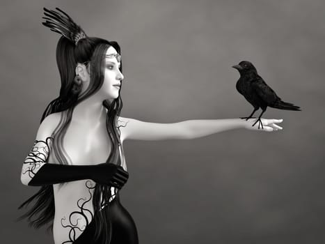 3D rendering of a surreal bodypainted woman with long black hair holding a black crow. The image is black and white or monochrome.