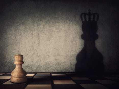 Surreal transformation of the pawn chess piece into a powerful king or queen. Motivation and self confidence metaphor, overcoming obstacles and achieving success. Leadership and authority concept
