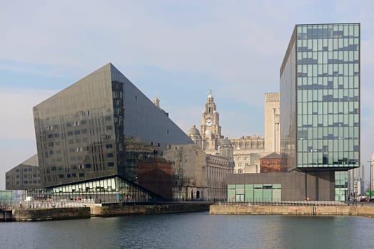 Liverpool, United Kingdom, 2nd February, 2020: Full frame image of the Mann island complex in liverpool with the iconic liver building as background.