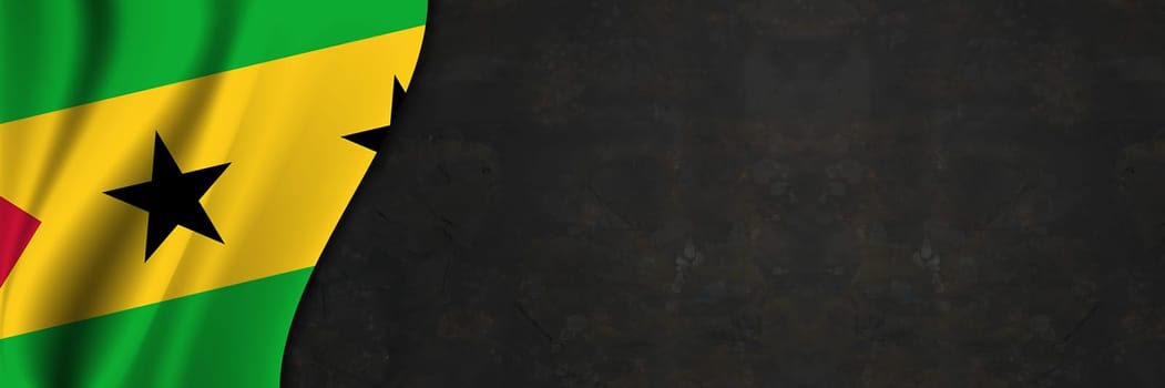Sao Tome and Principe flag on concrete wall. Banner with fabric texture of the flag of Sao Tome and Principe.