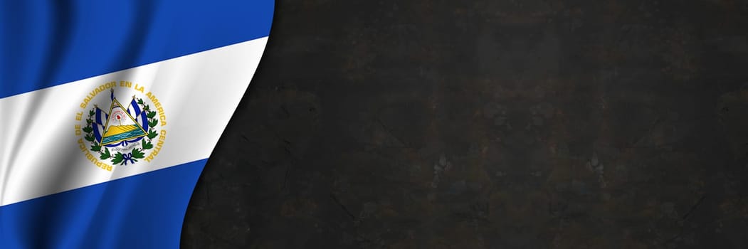 El Salvador flag on concrete wall. Banner with fabric texture of the flag of El Salvador.