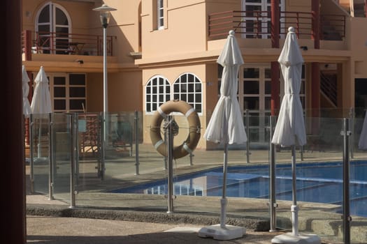 View of holiday apartment complex with swimming pool in Meloneras, Gran Canaria in Spain.