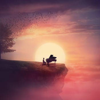 Musician sings and plays a piano song on the edge of a cliff over sunset sky, with a tree scattering leaves in the wind. Surreal and inspirational scene above clouds. Adventure and musical concept