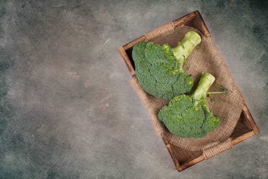 Fresh broccoli on a textured background, empty space for text