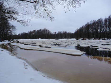 ice drift, broken ice on the river spring landscape panorama