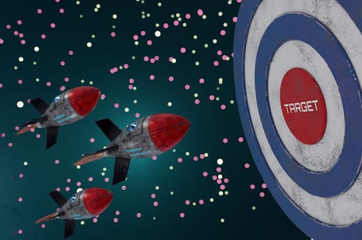 3d illustration. Rocket engine to big target. Business Concept Star up , SUCCESS , Content Marketing