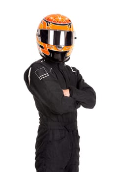 Racing driver posing with helmet isolated in white