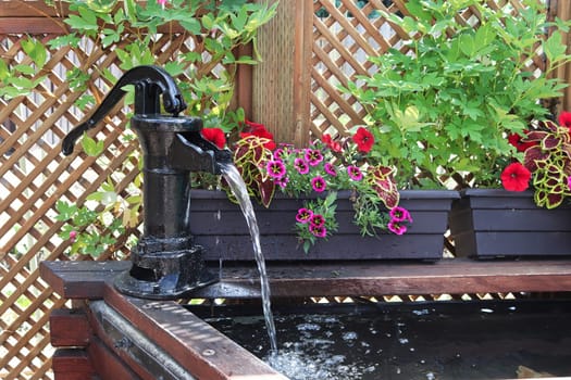 A water fountain infront of a lattice with annuals.